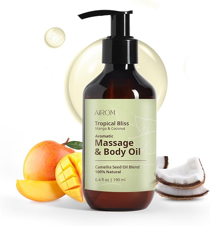 AiROM Mango & Coconut Massage Oil for Massage Therapy – Tropical Bliss - Scented Body Oil for Women – Hypoallergenic, Relaxing Aromatherapy, Non-Greasy, Nut-Free - 6.4 fl oz