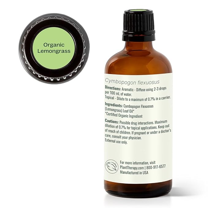 Plant Therapy Organic Lemongrass Essential Oil 100% Pure, USDA Certified Organic, Undiluted, Natural Aromatherapy, Therapeutic Grade 100 mL (3.3 oz)