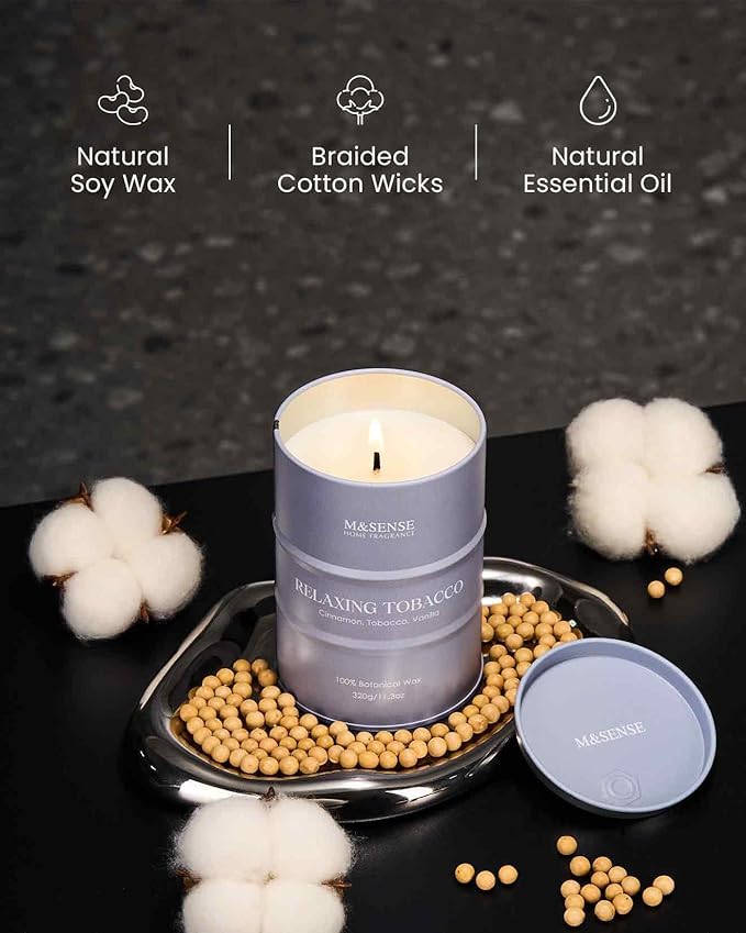 M&SENSE Tobacco Scented Candles Natural Non Toxic, Aromatherapy Candle for Stress Relief Meditation Relaxing, Housewarming Gifts for Women Men, 11.3oz 70 Hour Long Burning