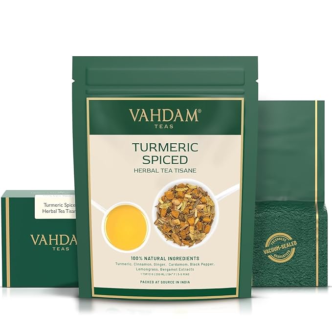 VAHDAM, Turmeric Spice Herbal Tea (50+ Cups, 3.5 oz) Caffeine Free, Non GMO, Gluten Free | 100% Pure Herbal Tisane - Savory & Spicy | Whole Loose-Leaf, Vacuum Sealed for Freshness