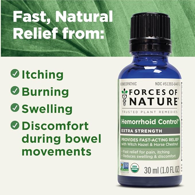 Forces of Nature Hemorrhoid Control Extra Strength, Organic Homeopathic Medicine with Witch Hazel, Horse Chestnut, and Soothing Essential Oils for Itching, Swelling & Discomfort, 1.0 FL OZ