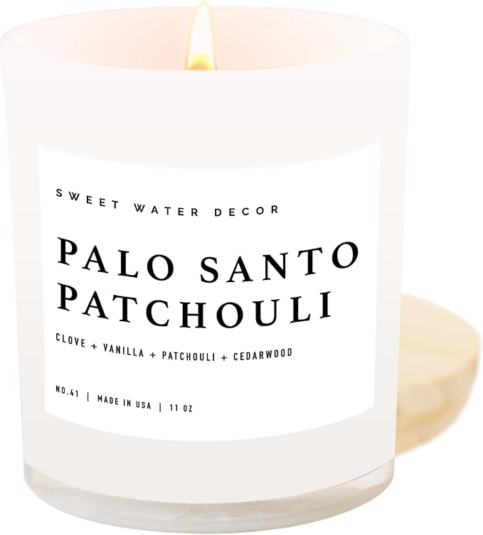 Sweet Water Decor Palo Santo Patchouli Candle - Soy Clove, Vanilla, Cedarwood, Patchouli Scented Spa Candle for Home - 11oz White Jar with Wood Lid, 50+ Hour Burn Time, Made in The USA