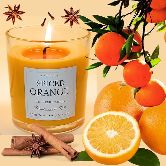 AANLIFE Spiced Orange Scented Candle, Fall, Thanksgiving & Halloween Candle, Gift for Men & Women, Christmas,American Organic Coconut Wax, Long Lasting 50 Hour Burn, Non - Toxic, 8oz, USA