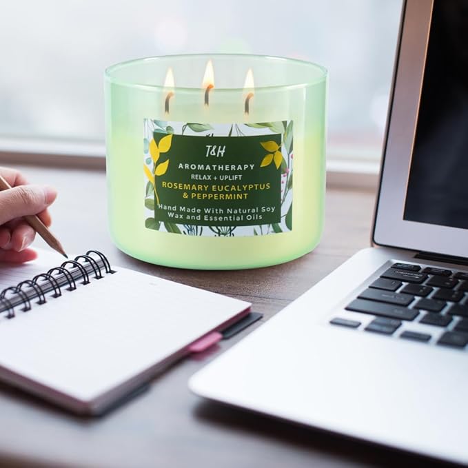 Rosemary Eucalyptus Peppermint 3-Wick Soy Candle 15.8 oz | Large Stress Relief Eucalyptus Candle for Home | Aromatherapy Relaxation Candles for Men & Women | Highly Scented, Long-Lasting Clean Burn