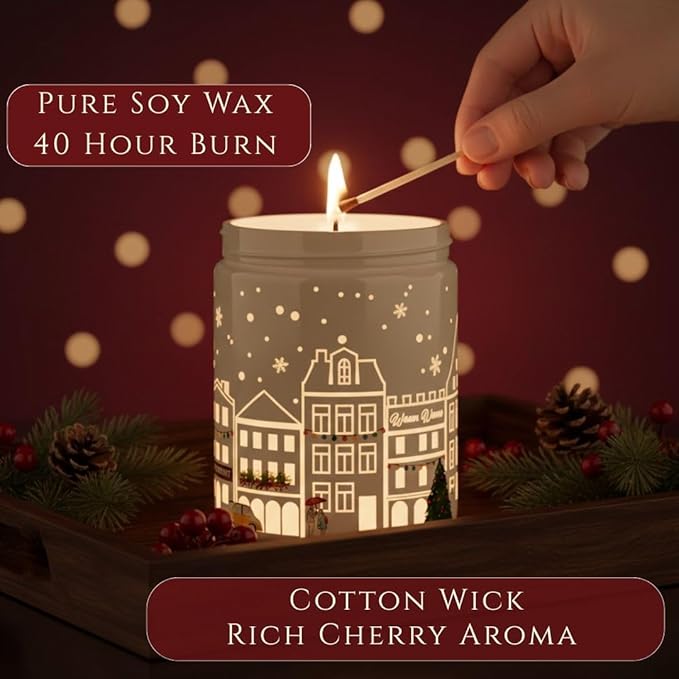 Black Cherry Scented Candle (White Jar), 40-Hour Burn, Dual Light Glow (Flame + LED Artwork), Soy Wax Blend, Holiday Aromatherapy Gift Candle for Bedroom, Bathroom & Home – 7oz (200g)