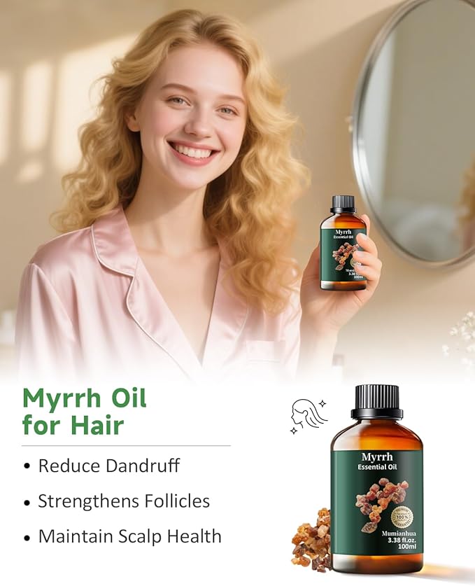 Myrrh Essential Oil, Pure Myrrh Oil Mumianhua Natural Aroma for Diffuser, Aromatherapy, Skin, Beard Care, Earthy Candle Making, Cleaning Blends & Home Purifier 3.38 Fl Oz with Glass Dropper