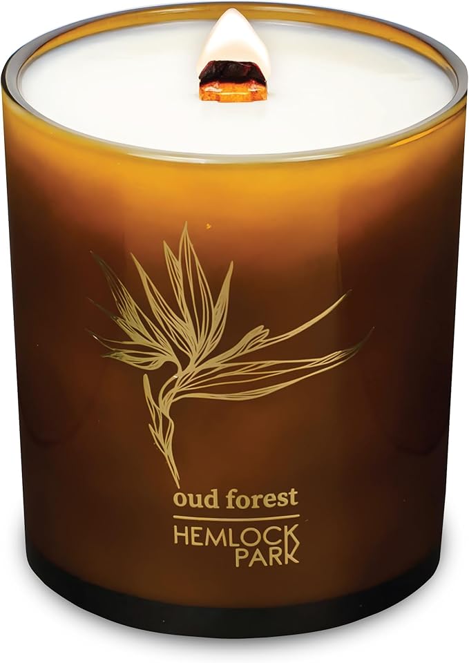 Hemlock Park Amber & Gold Wood Wick Candle Handcrafted with Natural Coconut Wax (Large 14 oz, Oud Forest)