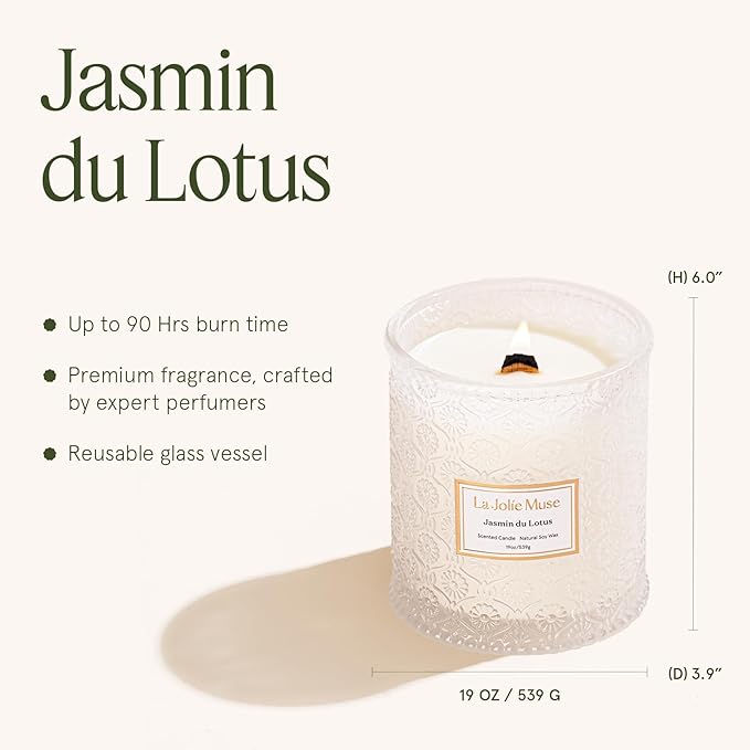LA JOLIE MUSE Jasmin du Lotus Candle - Ivy, Jasmine, Cedarwood | 19 oz Large Wooden Wick Candle | Natural Soy Wax | 90 Hours Clean Burn | Gift-Ready for Hosts & Gatherings | Modern Home Decor