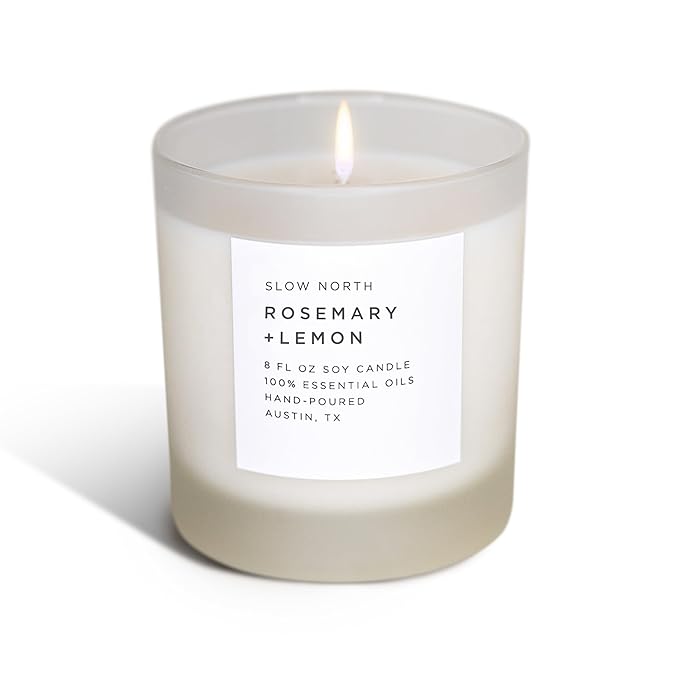 Slow North Rosemary + Lemon Candle - Essential Oils and Pure Soy Wax Candle in a Reusable Frosted Glass Jar - A Unique Scented Candle Hand-Poured in The USA (8 oz)