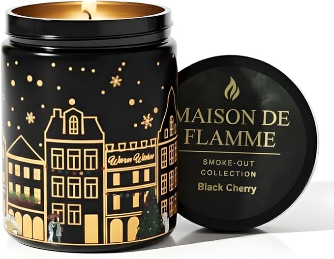 Black Cherry Scented Candle (Black Jar), 40-Hour Burn, Dual Light Glow (Flame + LED Artwork), Soy Wax Blend, Holiday Aromatherapy Gift Candle for Bedroom, Bathroom & Home – 7oz (200g)