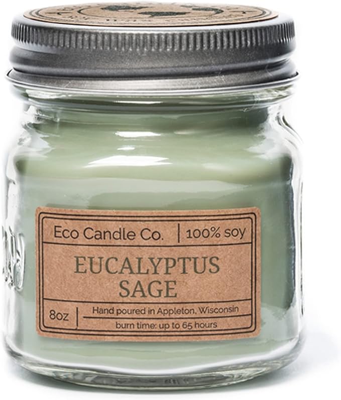 ECO CANDLE CO. Mason Jar Candle, Eucalyptus Sage, 8 oz. - Scents of Eucalyptus, Sandalwood, Rosemary, & Sage - 100% Soy Wax, No Lead, Kraft Label & Antiqued Pewter Lid, Hand Poured, Midwest Soybeans