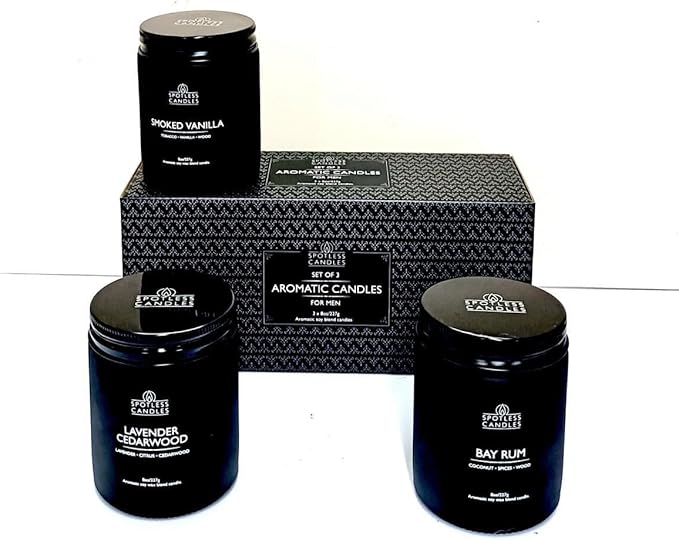 Mens Candle 3 x 8oz Pack Smoked Vanilla Bay Rum and Lavender Cedarwood Scents