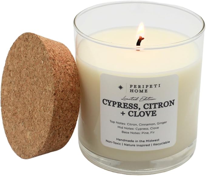 PERIPETI Home Cypress, Citron + Clove Scented Candle – 8.5oz Classic Wick, Natural Soy Wax, Long-Lasting Burn for Cozy Holiday Aromatherapy