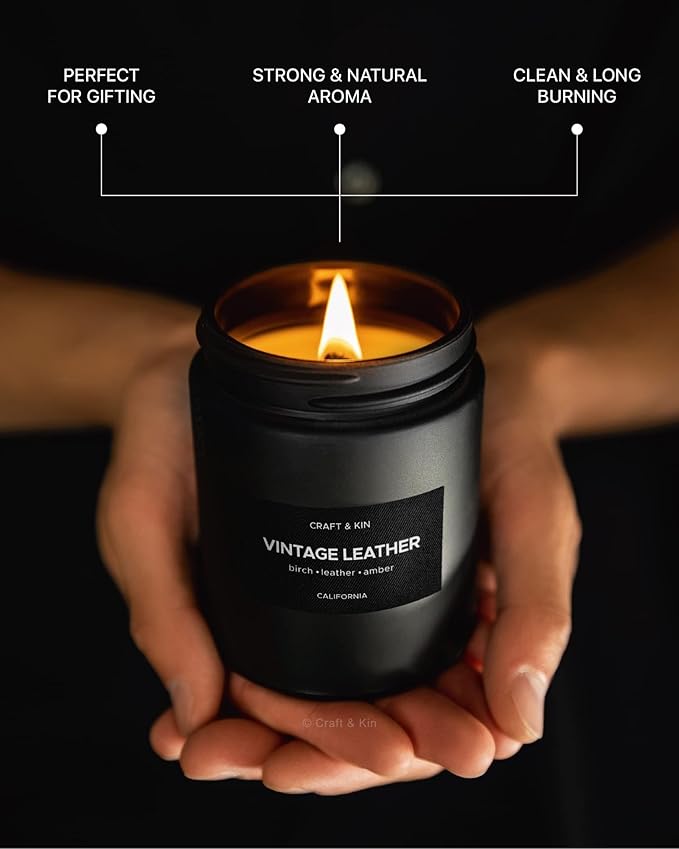 Craft & Kin Premium Vintage Leather Candle | Black Christmas Scented Candles for Men | Long Lasting with 45 Hour Burn Time, 7.6oz | Soy Holiday Candles | Aromatherapy at Home | Gifts for Men
