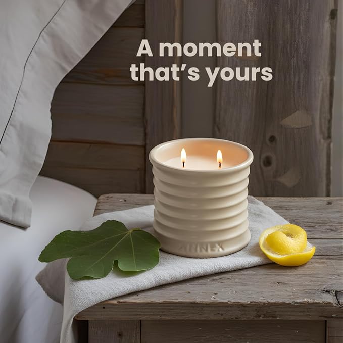 Annex Fig Leaf & Lemon Luxury Scented Candle - Handmade Ceramic Jar - 50hr Clean Burn, Non-Toxic Soy Wax - Aesthetic Home Decor Winter Gift for Women & Men - Amber & Sandalwood