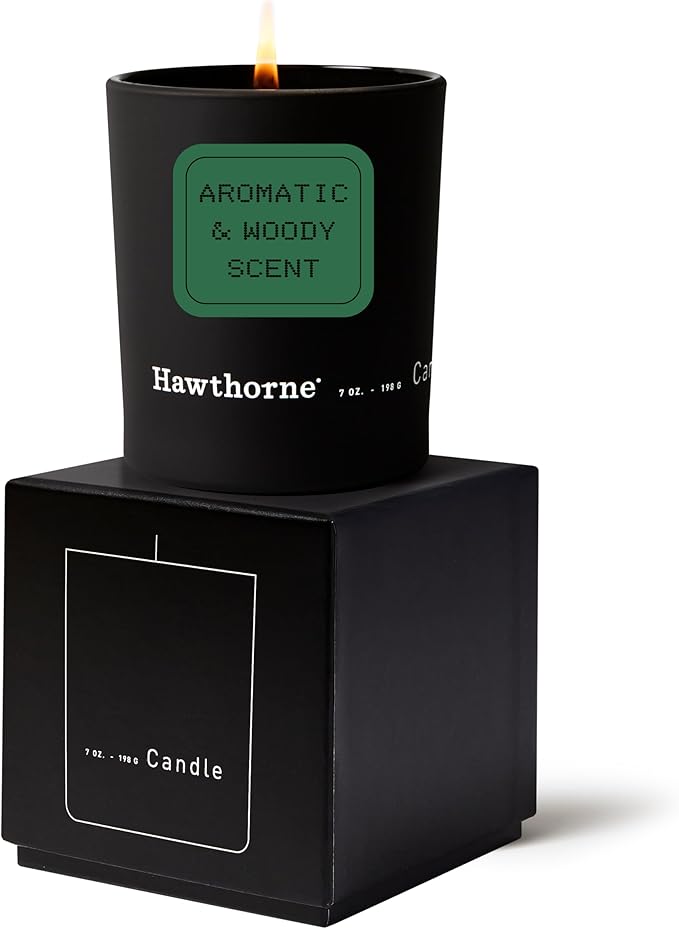 Hawthorne Aromatic & Woody Cologne-Scented Candle. Notes of Fresh Pine, Woody Vetiver, Sweet Musk, and Sandalwood. Soy Blend Wax. 7 Oz. About 50 Hours of Burn Time.