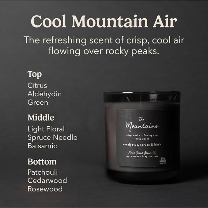 PACHA SOAP Co. Origins & Elements Candle Collection, The Mountains, 12 oz - Scents of Eucalyptus, Birch & Spruce - Clean Burning, Soy, Coconut & Apricot Wax, Lead-Free Wick, Cruelty-Free, Recyclable