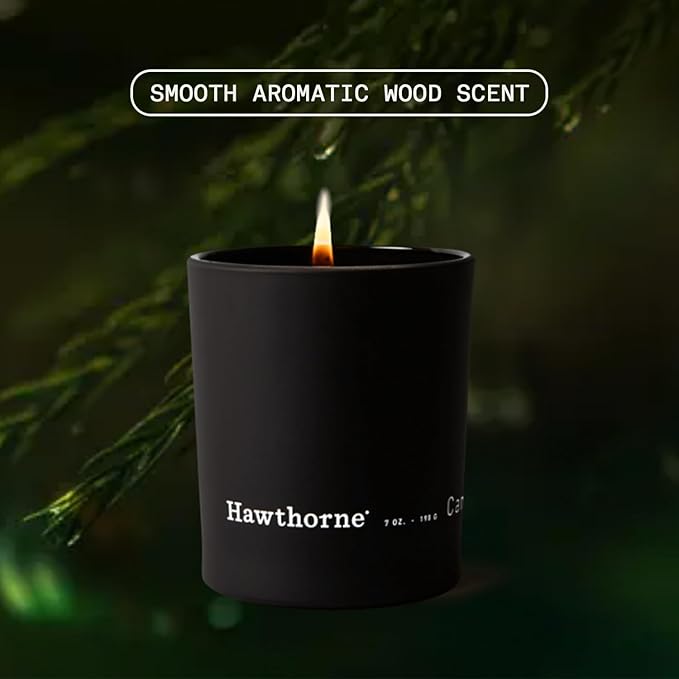 Hawthorne Aromatic & Woody Cologne-Scented Candle. Notes of Fresh Pine, Woody Vetiver, Sweet Musk, and Sandalwood. Soy Blend Wax. 7 Oz. About 50 Hours of Burn Time.