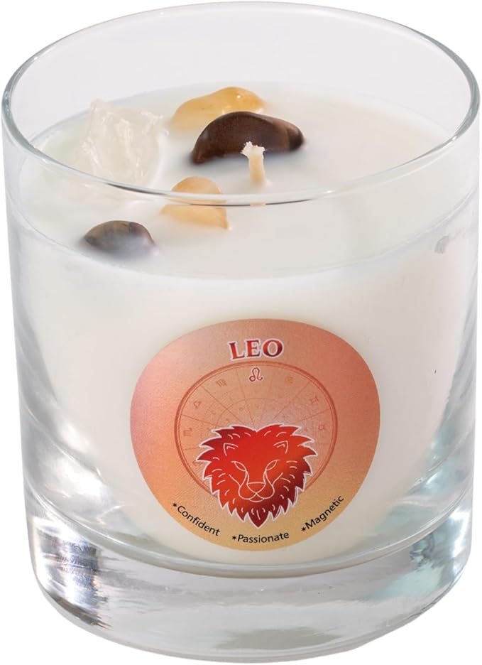 Luxury Glass Jar Candle, Leo Zodiac Sign, 8.8 oz - Crystal Infused - Scents of Ozone, Chili Pepper, Mandarin &and Coconut - USA Made, Coconut-Soy Wax, Essential Oils, Dr. Developed