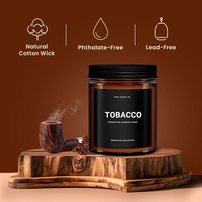 1OAK Tobacco Candle - Scented Candles for Men (Tobacco) - Pipe Candle - Cigar Scented Candles - Long Burning Premium - Soy Wax (7oz.)