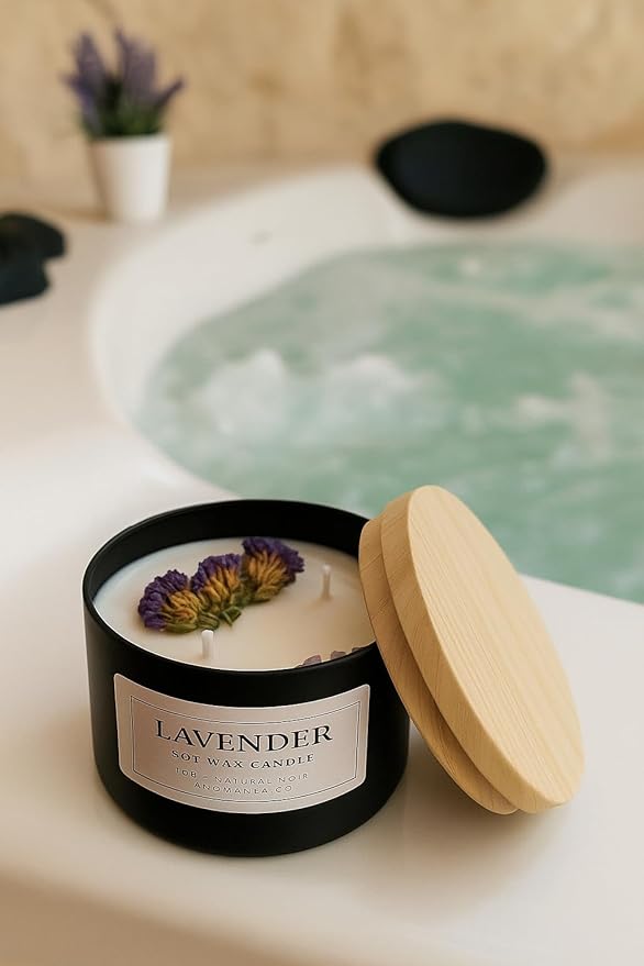 Aqua MARR Handcrafted Lavender Soy Wax Candle, 8 oz, Black Metallic Container with Dried Flowers.