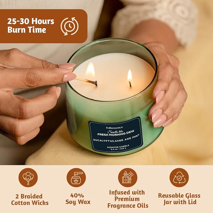 Folkulture Scented Candles – 8.8 Oz | Eucalyptus & Mint Luxury Green Jar Candles for Women, Relaxation Gifts | Stress Relief Evergreen Candle for Aromatherapy, Bath & Body Works with 30 Hrs Burntime