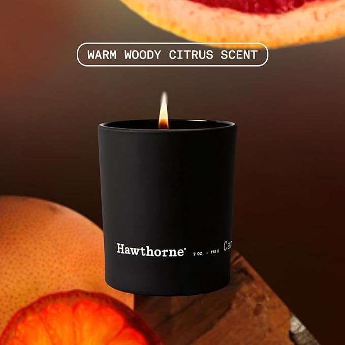 Hawthorne Citrus & Woody Cologne-Scented Candle. Crisp, Clean Citrus with a Grounded Woody Base. Notes of Grapefruit, Eucalyptus, Neroli, and Cedar. Soy Blend Wax, 7 Oz. About 50 Hours of Burn Time.
