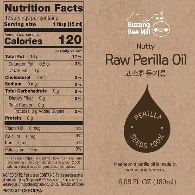 Korean Food Nutty Perilla Oil 6.1 fl oz (180 ml) – 100% Korean Perilla Seeds, Lightly Roasted for Rich, Toasted Flavor
