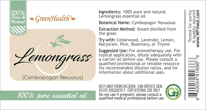 GreenHealth Lemongrass - 8 fl oz (237 ml) Glass Bottle with Cap - 100% Pure Essential Oil