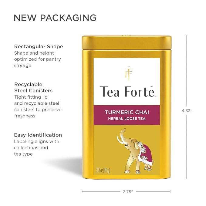 Tea Forte Turmeric Chai Premium Loose Leaf Caffeine-Free Herbal Tea Blend Canister, Makes 35-50 Cups