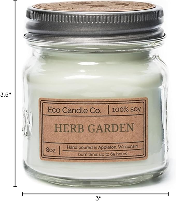 ECO CANDLE CO. Mason Jar Candle, Herb Garden, 8 oz. - Scents of Tarragon, Bergamot, Grapefruit, & Jasmine - 100% Soy Wax, No Lead, Kraft Label & Antiqued Pewter Lid, Hand Poured, Midwest Soybeans
