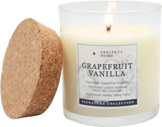 PERIPETI Home Grapefruit + Vanilla Soy Candle - Long-Lasting Scented Candle with Classic Wick for Relaxing Aromatherapy - 8.5oz Natural Wax for Home, Spa, or Gift