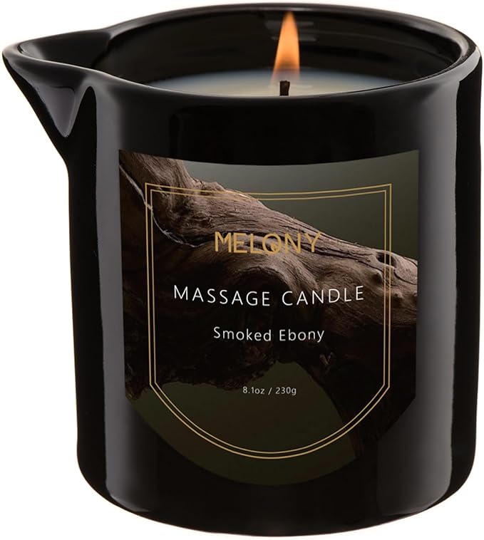 MELONY Luxury Massage Candle - Moisturising, Body Oil Candles for Muscle Relaxation, Home Spa, 8.1OZ (Smoked Ebony)