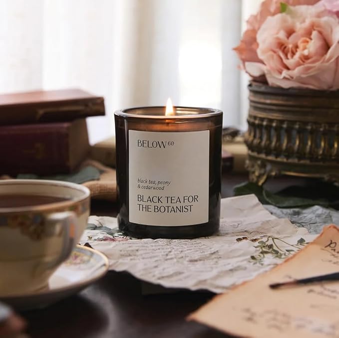 Hilary Duff’s Below 60 Scented Candle | Black Tea for The Botanist | Clean-Burning | Hand-Made with Paraffin-Free Soy Wax | 40 hr Burn Time | Black Tea, Peony, Cedarwood (7.2oz)