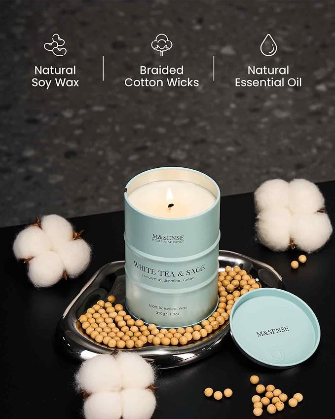 M&SENSE White Tea Sage Scented Candles Natural Non Toxic, Aromatherapy Candle for Stress Relief Meditation Relaxing, Housewarming Gifts for Women Men, 11.3oz 70 Hour Long Burning
