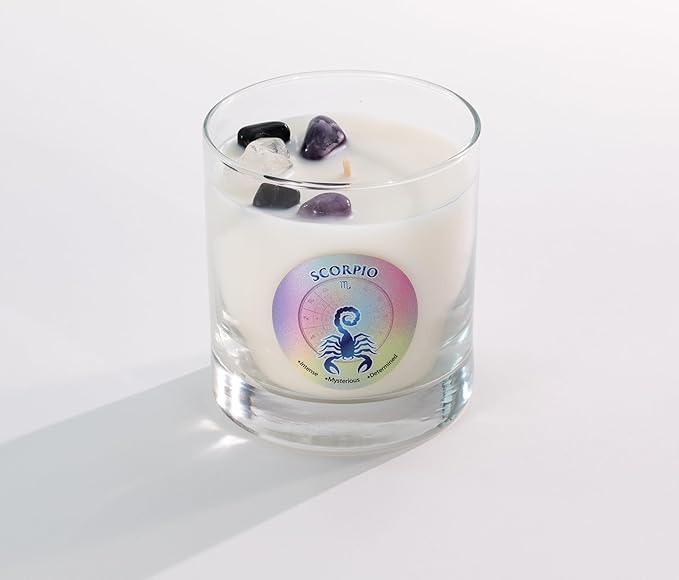 Luxury Glass Jar Candle, Scorpio Zodiac Sign, 8.8 oz - Crystal Infused - Scents of Ozone, Citrus, Sandalwood & Amber - USA Made, Coconut-Soy Wax, Essential Oils, Dr. Developed