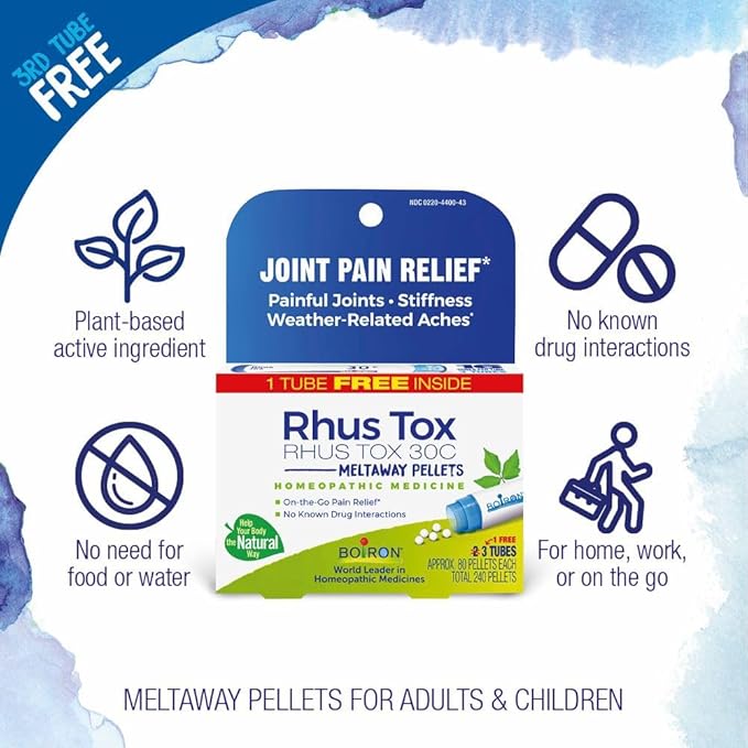 Boiron Rhus Tox 30C Homeopathic Medicine for Relief from Joint Pain, Muscle Aches, Swollen or Stiff Joints, and Weather Related Aches - 3 Count (240 Pellets) (Pack of 2)