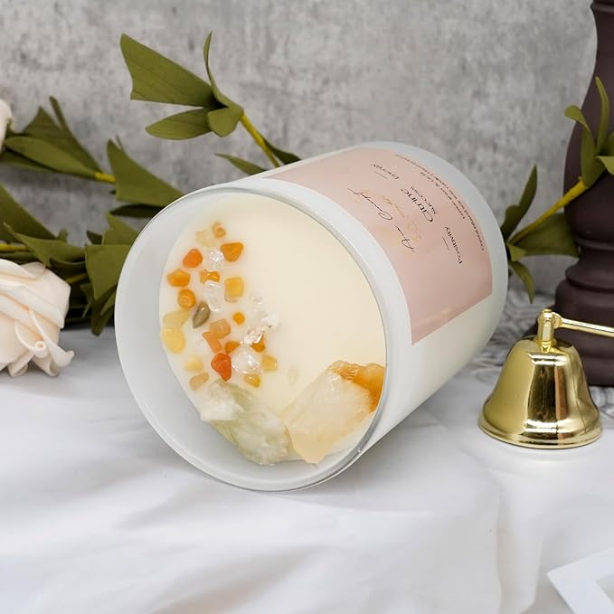 Healing Crystal Candle, Scented Candle Infused Citrin, Clear Quartz Crystals, Lemon Grass&Litchi Scented, Positivity, Energy, Cleansing Wellness, Gift for Women, Aromatherapy Clean Vegan 10Oz Jar