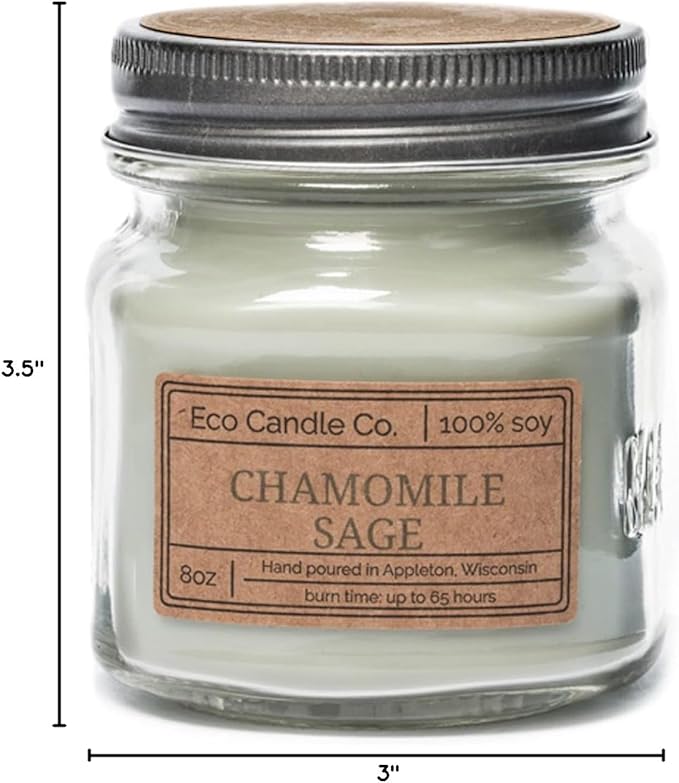 ECO CANDLE CO. Mason Jar Candle, Chamomile Sage, 8 oz. - Scents of Sage & Chamomile - 100% Soy Wax, No Lead, Kraft Label & Antiqued Pewter Lid, Hand Poured, Made from Midwest Grown Soybeans