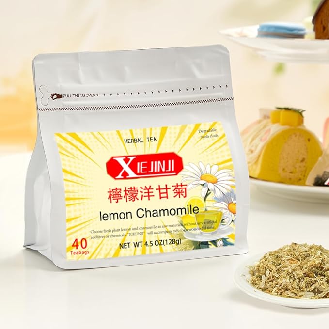 XIEJINJI Lemon Chamomile Tea - 40 Tea Bags, Caffeine-Free Herbal Tea, Zesty Citrus & Soothing Floral Notes, Eco-Conscious Packaging, Hot or Iced