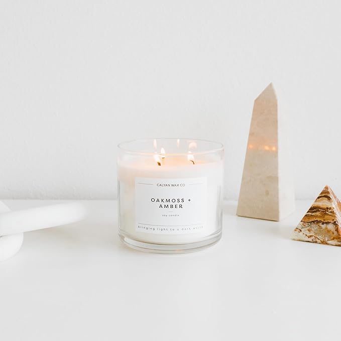 Calyan Wax Co. Oakmoss & Amber 3 Wick Scented Candle - 43 Hour Burn - Luxury 3 Wick Soy Candles - Non Toxic Soy Wax Candles - Long Lasting Large Glass Jar Candle for Home - 14.9oz