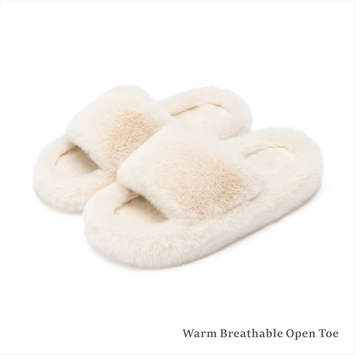 Chantomoo Women's Blue Memory Foam Faux Fur Lined Open Toe Slippers for Women - US 12