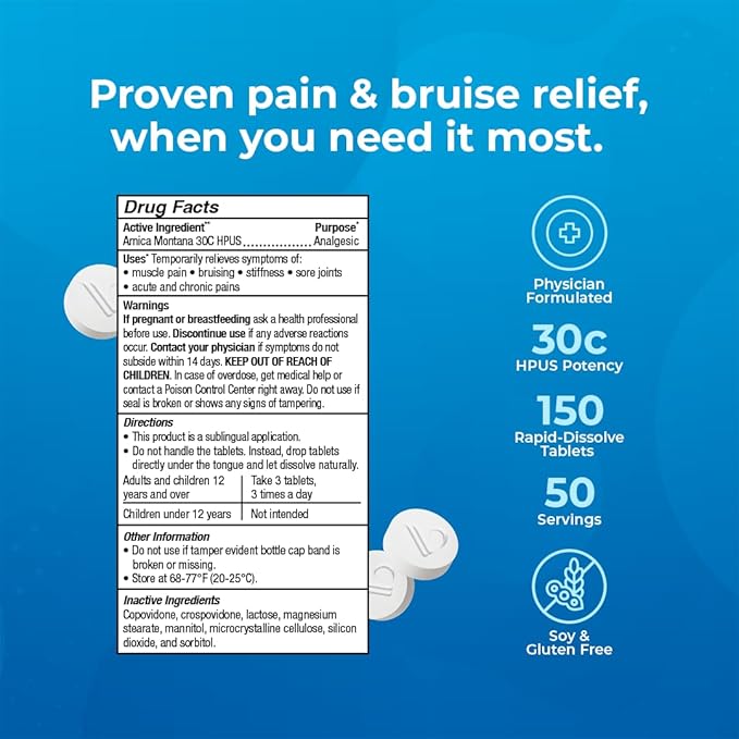 VitaMedica Arnica Montana 30C Rapid Dissolve Tablets for Natural Pain, Bruising, and Swelling Support - Homeopathic Medicine for Injury and Surgery Recovery - 150 Ct - 50 Servings