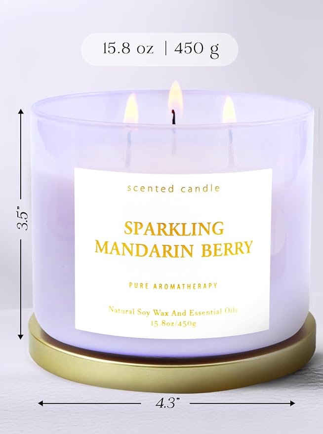 Sparkling Mandarin Berry 3-Wick Scented Soy Candle 15.8 oz | Large Citrus & Fruit Candle for Home Relaxation | Aromatherapy Stress Relief Candles | Long-Lasting Clean Burn