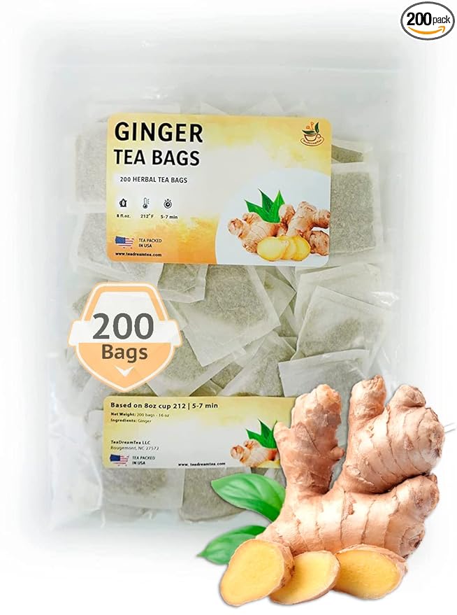 TeadreamTea Ginger Tea Bags - 200 Bleach-Free Tea Bags | Caffeine Free, Antioxidant, Calms Upset Stomach - Strengthen Immune System - Herbal Ginger Tea