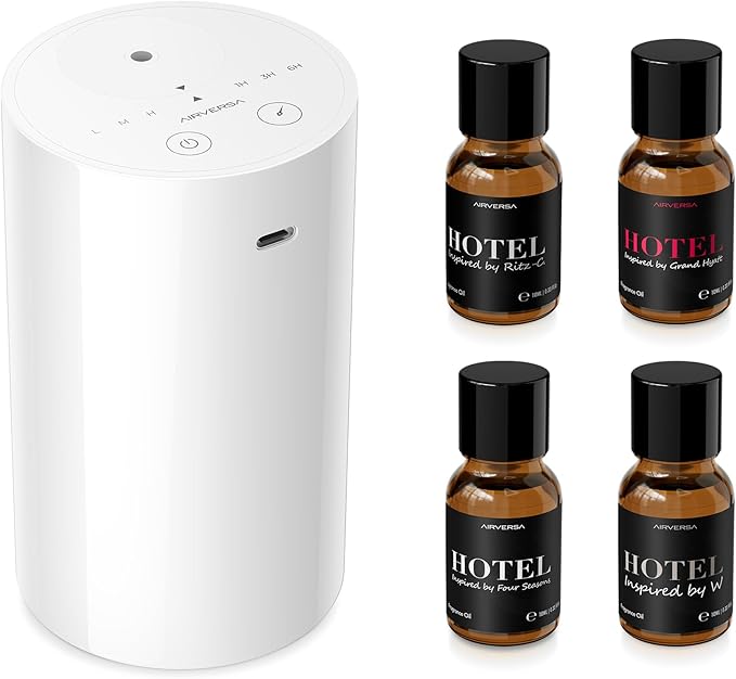 Airversa Waterless Essential Oil Diffuser Starter Kit with 4 x 10mL Hotel Scent Fragrance Oil, Battery Operated Mini Scent Air Machine Portable Diffuser for Home Car Office, AN8 Kit White