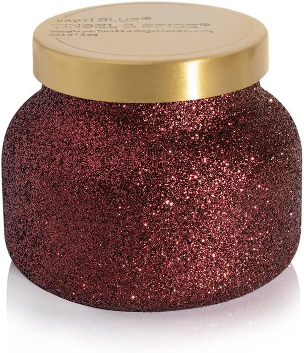 Capri Blue Tinsel & Spice Holiday Candle - Petite Glam Jar Candle - Juniper Berry, Cinnamon & Vanilla Scented Candles - Soy Wax Blend - Christmas Decor - Red Candles with Maroon Glitter Design (8 oz)