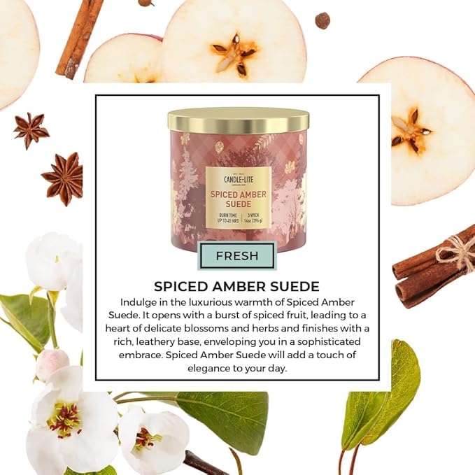 Candle-lite Fall Scented Candles, Amber with Leathered Musk and Spiced Cardamom, 14 oz 3-Wick Jar Candle, Proudly Poured in USA, Autumn Home Decor, 45 Hours of Burn Time, Ideal Gift for Men and Women