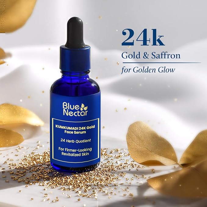 Blue Nectar 24K Gold Serum with Pure Kumkumadi Oil for Face | Ayurvedic Face Serum for Firm-Looking Skin & Natural Radiance (24 Herbs, 0.33Fl Oz)