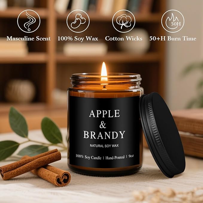 Scented Candles for Men - Apple Brandy Barrel Scent | 50Hr Burn Soy Wax in Brown Glass - Man Cave Gifts, Birthday for Him, Father's Day Gift (9oz)
